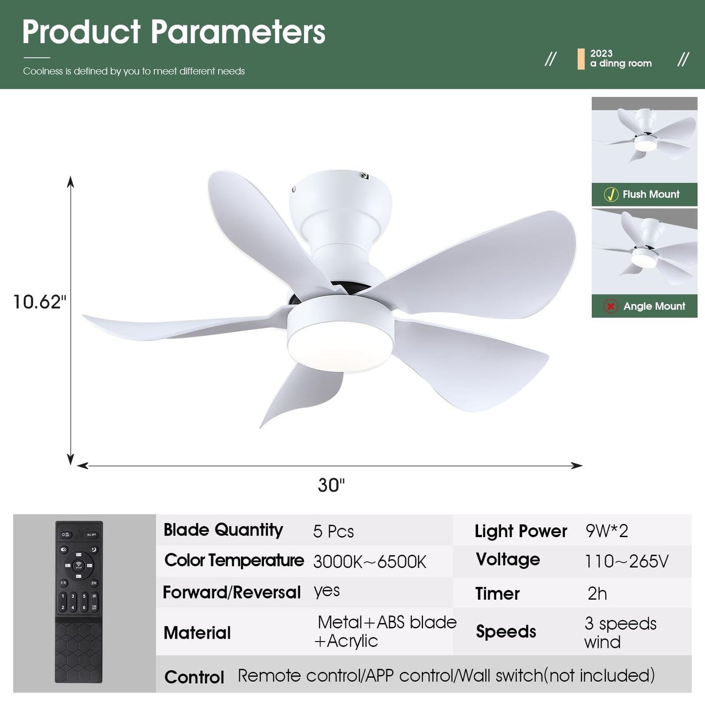 Ceiling Fans with Lights and Remote/APP Control, 30 inch Low Profile Ceiling Fans with 5 Reversible Blades 3 Colors Dimmable 6 Speeds Ceiling Fan for Bedroom Kids Room Dining Room, Black