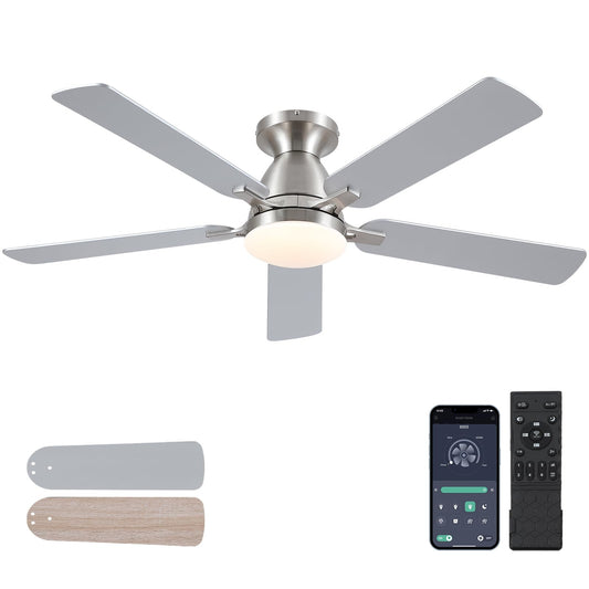 Ceiling Fans with Lights- 46" Low Profile Indoor Ceiling Fan with Light and Remote/APP Control, Flush Mount, LED Dimmable DC Reversible Modern Ceiling Fan for Bedroom（Black）