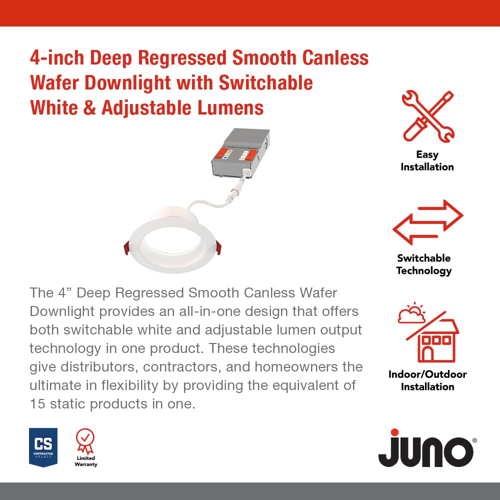 Juno WF6 Dreg SM ALO20 SWW5 90CRI CP6 MW M2 Canless Wafer Recessed LED Downlight, Deep Regressed Smooth Trim Style, 6-Inch, Matte White, 6-Pack