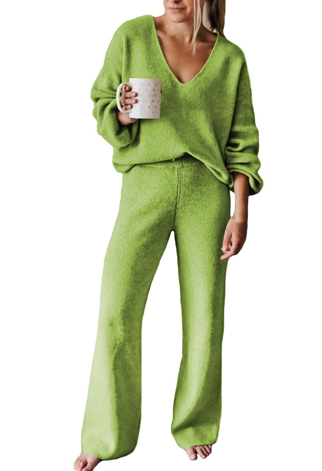 Viottiset Women's 2 Piece Outfits Casual V Neck Knit Wide Leg Sweater Lounge Set Sweatsuit