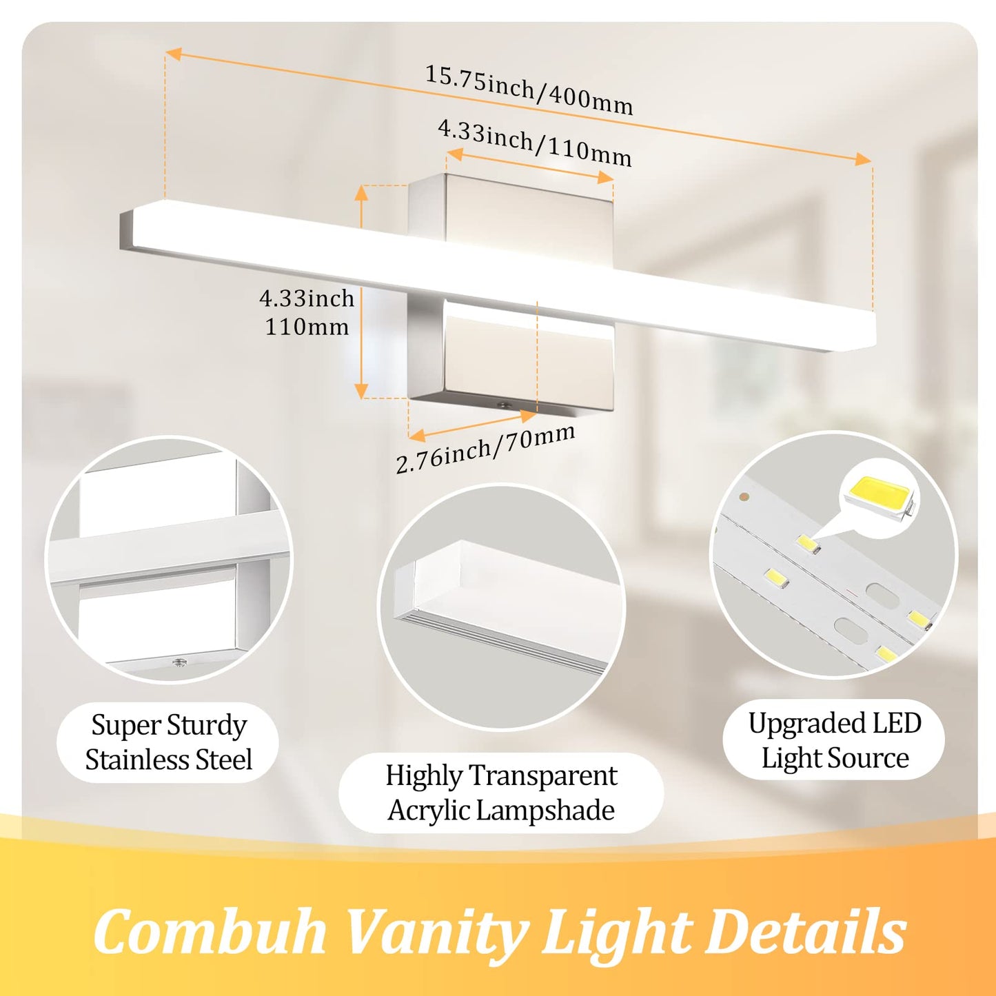 Combuh Modern Bathroom Light Fixtures Over Mirror 16 Inch IP44 9W Chrome Vanity Light Bar for Bathroom Wall Light Fixtures Cool White 6000K