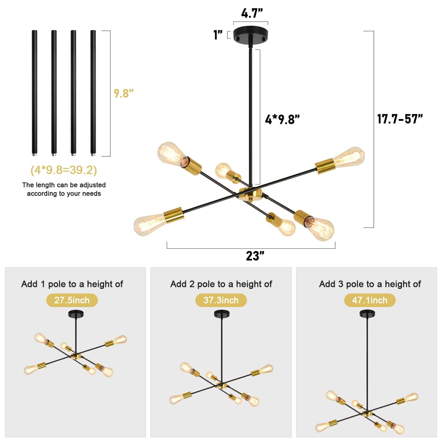 Black Sputnik Chandelier 6 Lights Modern Industrial Ceiling Light Mid Century Vintage Contemporary Pendant Dining Room Lighting Fixtures Hanging