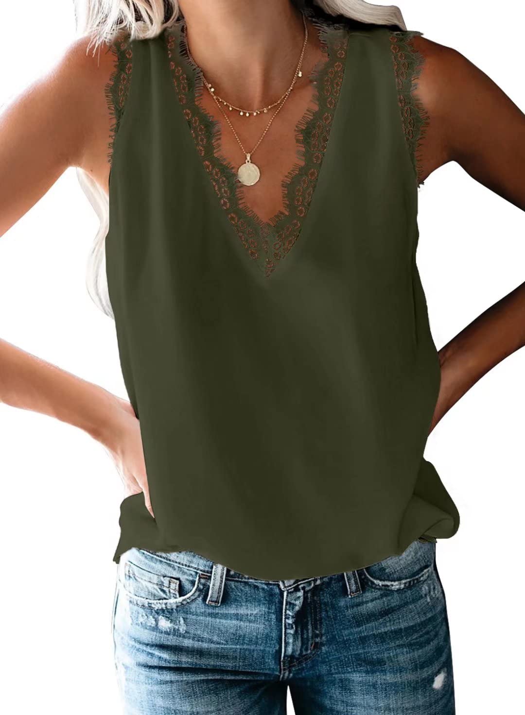 BLENCOT Women Tank Tops V Neck Sleeveless Lace Blouse Casual Vest Summer Camisole Shirts