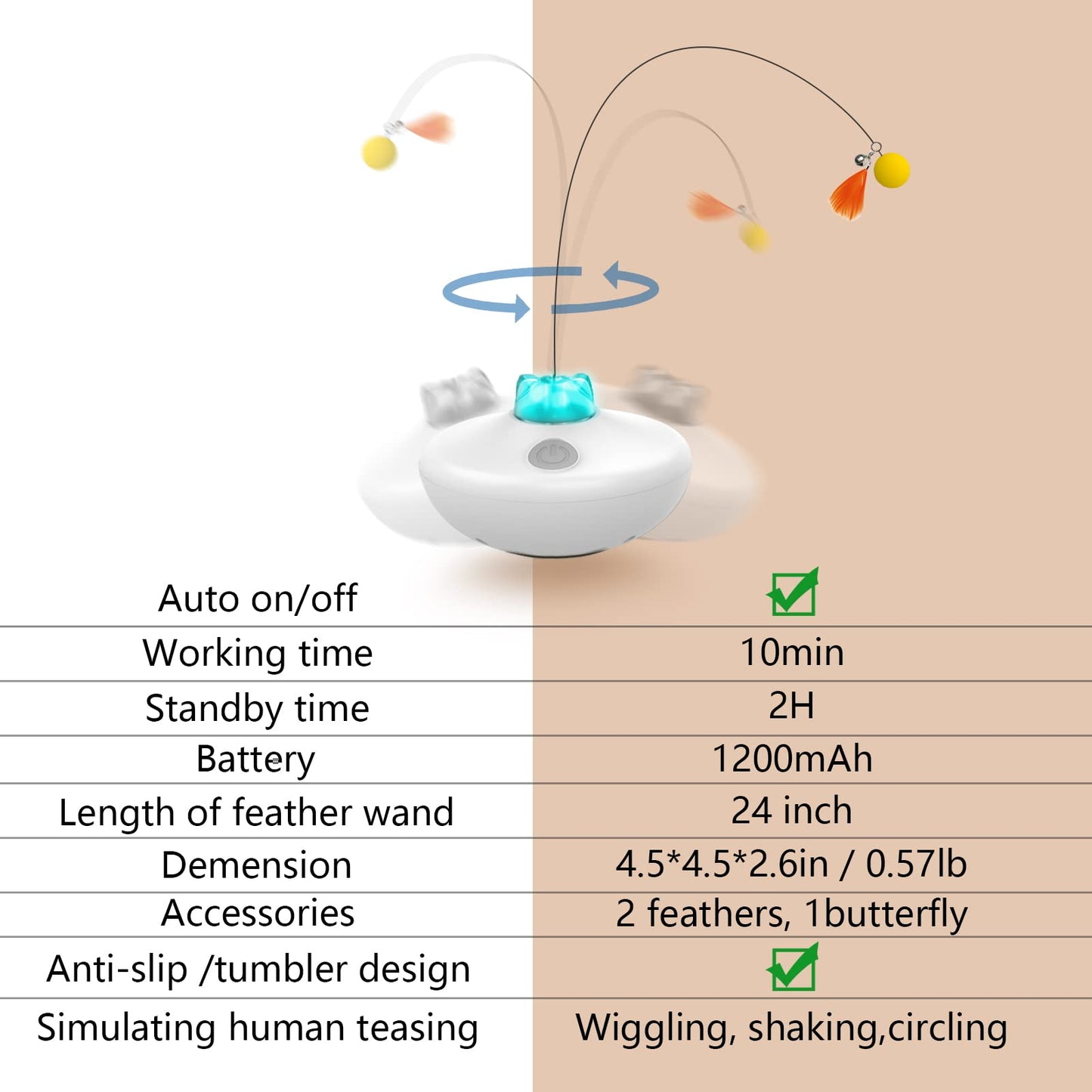 Interactive Cat Toys Cat Exercise Tumbler, Rechargeable Cat Toys for Indoor Cats Spin Butterfly Game Teasing Kitty, Extra Long Feather Wand (P33 cat Toys)