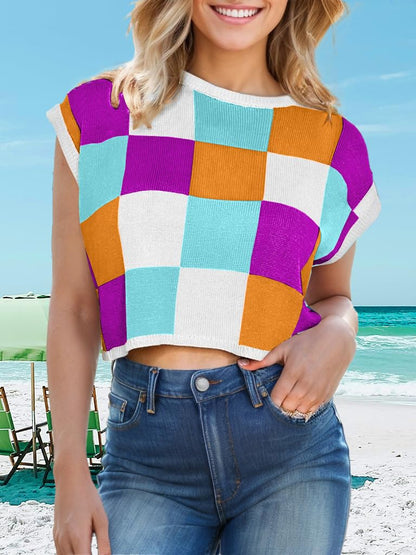 Womens Spring Crop Tops 2025 Cap Short Sleeve Sweater Vest Tank Loose Shirts Business Vacation Outfits Trendy Fall Summer Top
