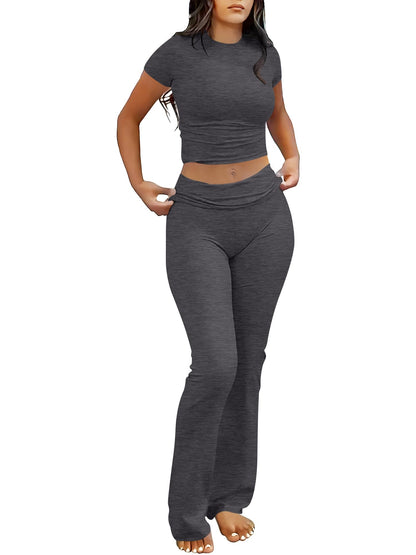 ANRABESS Lounge Sets for Women 2 piece Foldover Yoga Flare Leggings Pants Crop Tops Casual Y2K Outfits Matching Tracksuit Set