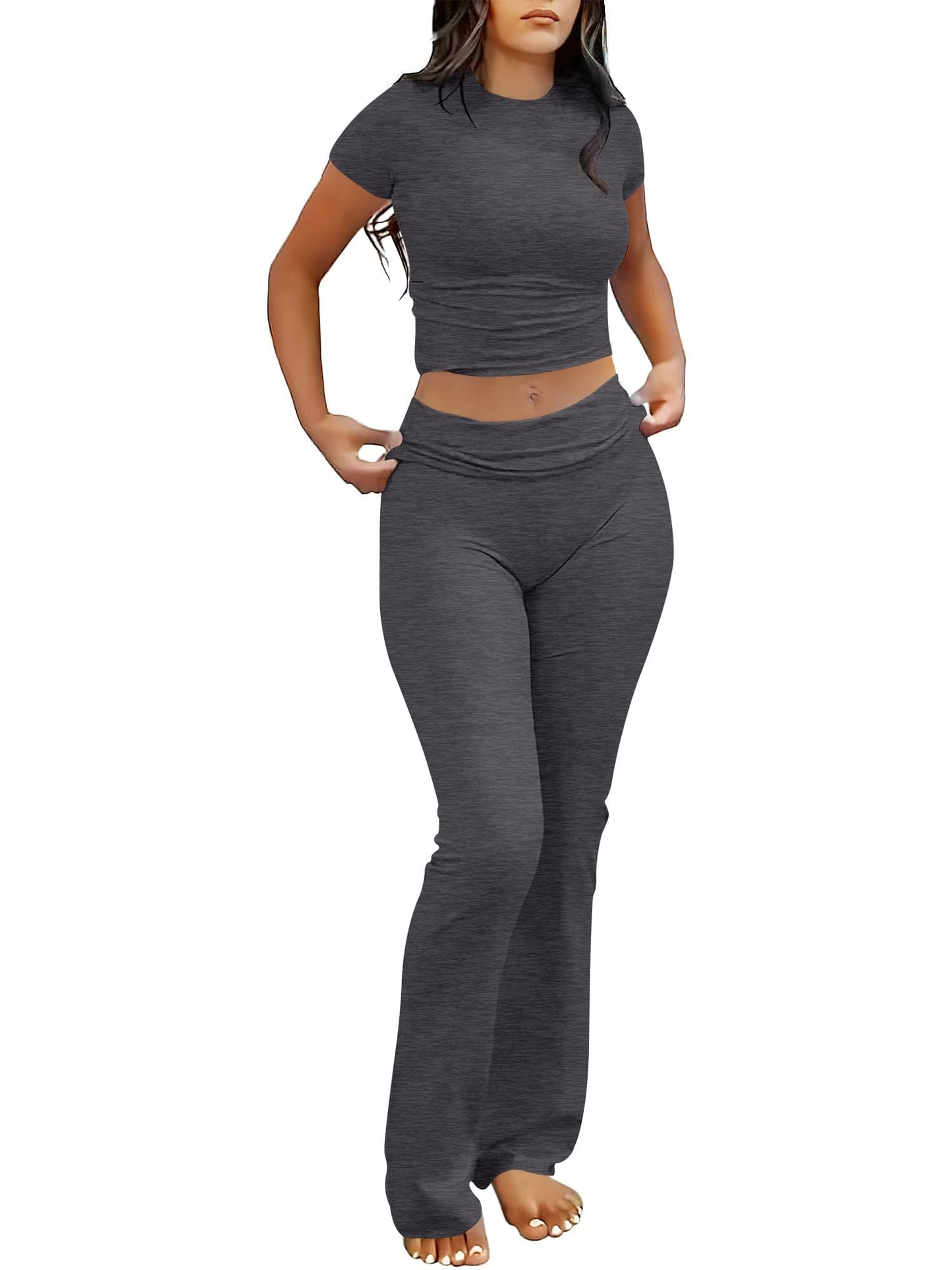 ANRABESS Lounge Sets for Women 2 piece Foldover Yoga Flare Leggings Pants Crop Tops Casual Y2K Outfits Matching Tracksuit Set
