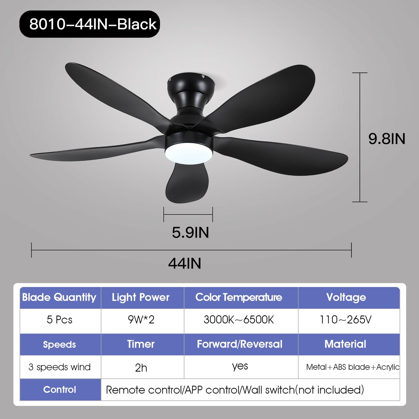 Ceiling Fans with Lights and Remote/APP Control, 30 inch Low Profile Ceiling Fans with 5 Reversible Blades 3 Colors Dimmable 6 Speeds Ceiling Fan for Bedroom Kids Room Dining Room, Black