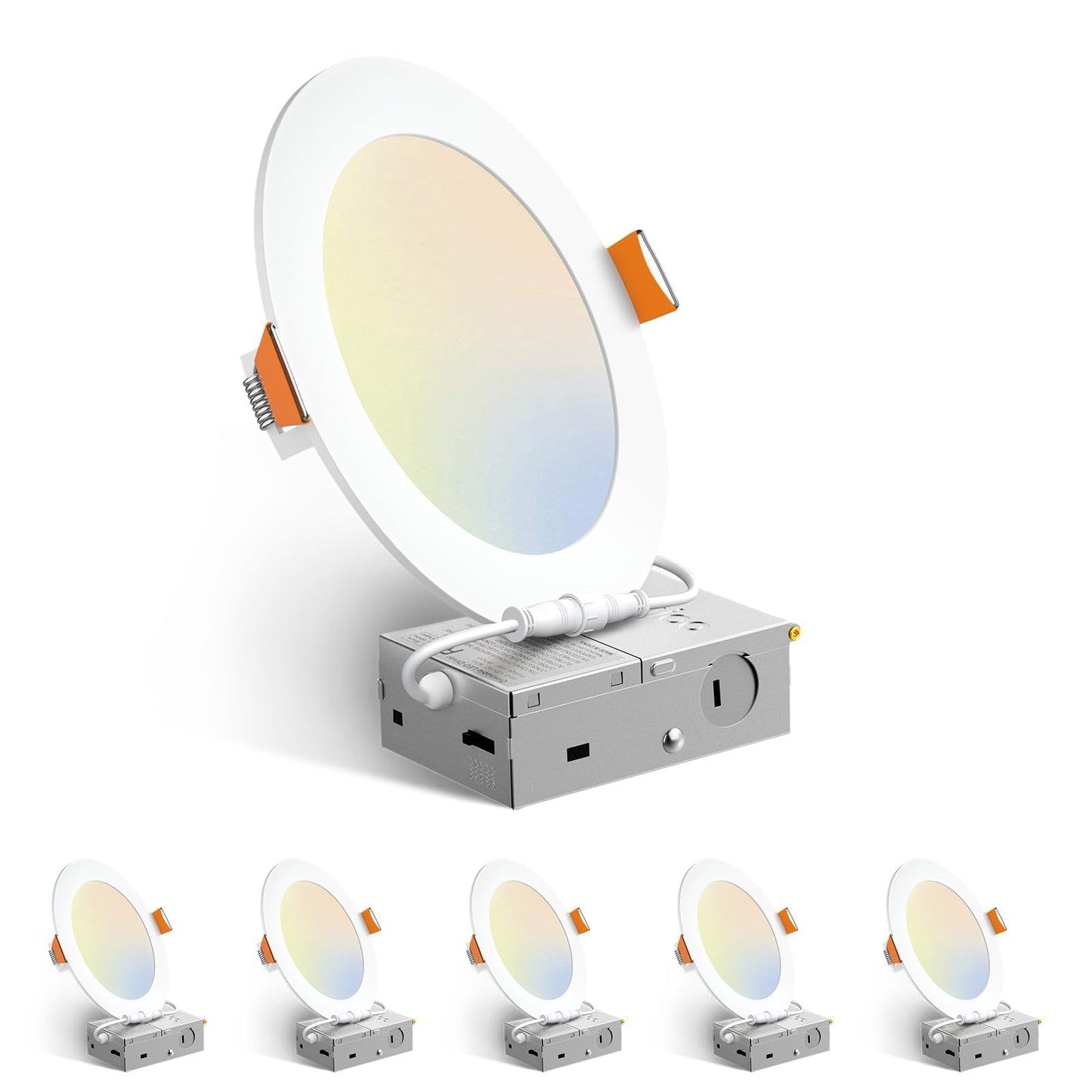 Amico 6 Pack 6 Inch 5CCT Ultra-Thin LED Recessed Ceiling Light with Junction Box, 2700K/3000K/3500K/4000K/5000K Selectable, 12W Eqv 110W 1050LM Brightness Dimmable Canless Wafer Downlight, ETL & FCC