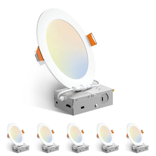 Amico 6 Pack 6 Inch 5CCT Ultra-Thin LED Recessed Ceiling Light with Junction Box, 2700K/3000K/3500K/4000K/5000K Selectable, 12W Eqv 110W 1050LM Brightness Dimmable Canless Wafer Downlight, ETL & FCC