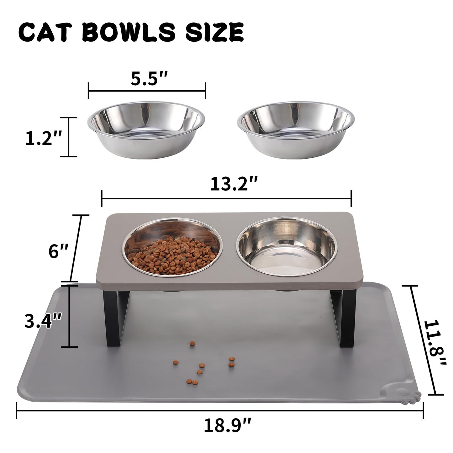 Upgraded Elevated Cat Bowls with Food Mat,15°Tilted Stand Anti Vomiting Raised Cat Dishes for Food and Water,2 Stainless Steel Bowls for Cats and Puppy