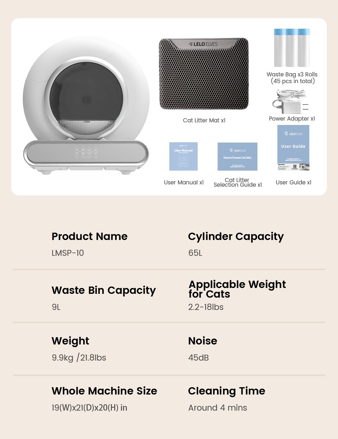 Self Cleaning Cat Litter Box, Ultra-Safe Protection Automatic Cat Litter Box, APP Control/Lower Entry/Large Capacity Cat Litter Box with 3 Rolls Liners & Mat, 65L, Gray