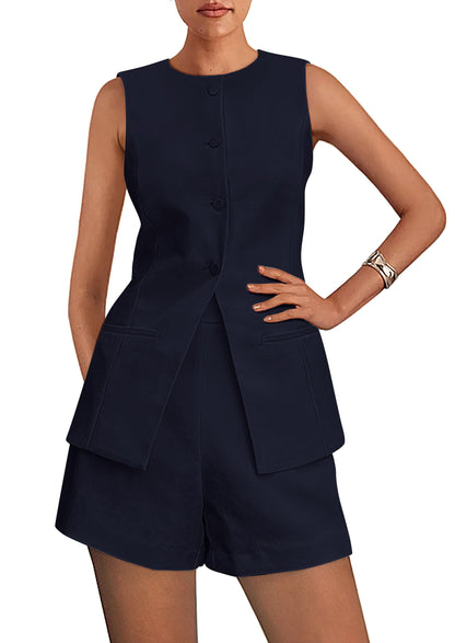 PRETTYGARDEN Women's 2 Piece Sets 2025 Summer Trendy Button Down Suit Vest Tops High Waisted Shorts Business Casual Outfits