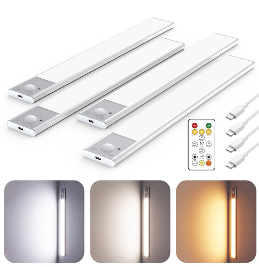 12" Thin Motion-Activated Under Cabinet Lighting, Aluminum Alloy Under Counter Lights for Kitchen, 3-Color-Temps Magnetic Closet Lights, Rechargeable Motion Sensor Light Indoor (4Pack, Silver)