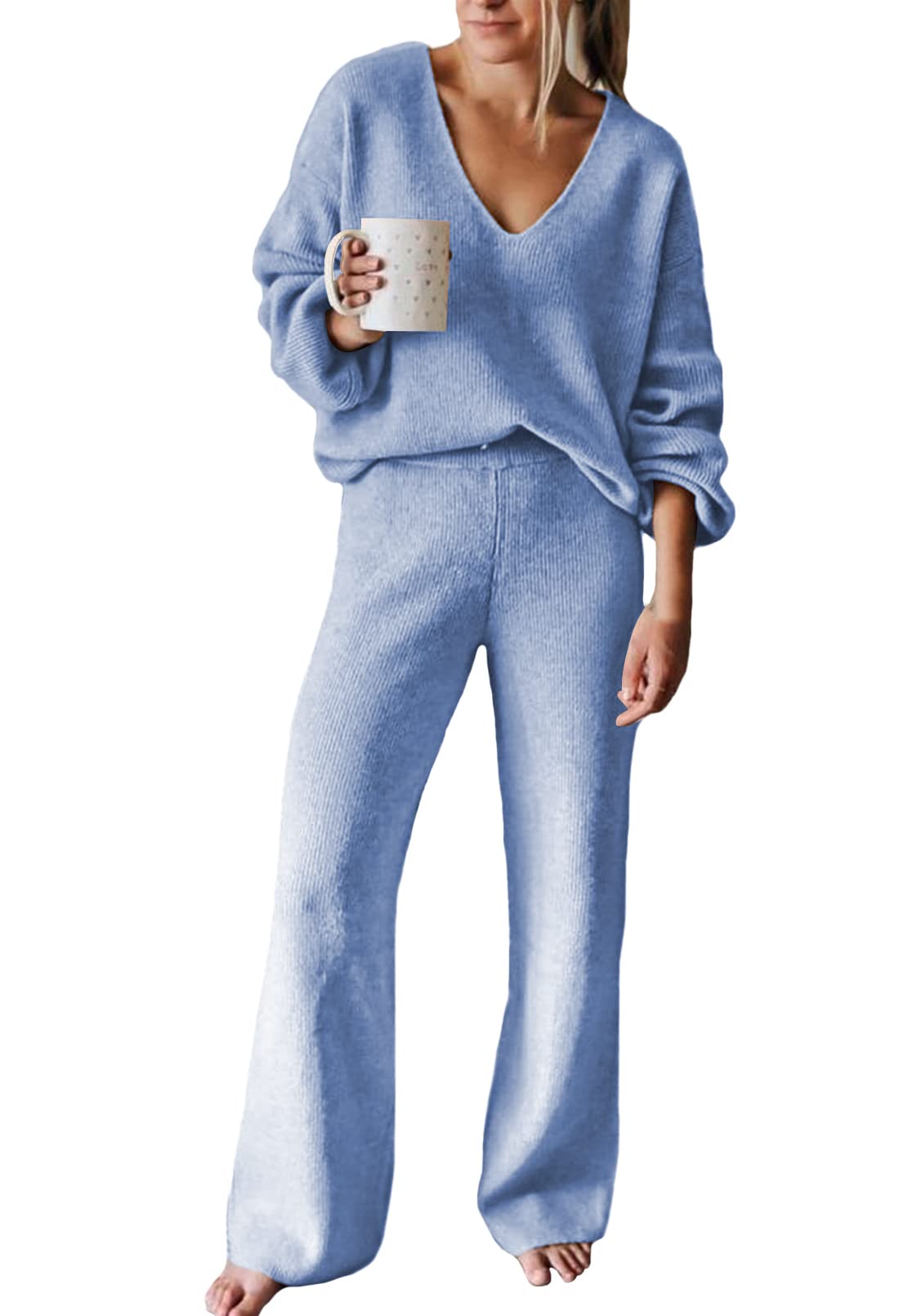 Viottiset Women's 2 Piece Outfits Casual V Neck Knit Wide Leg Sweater Lounge Set Sweatsuit
