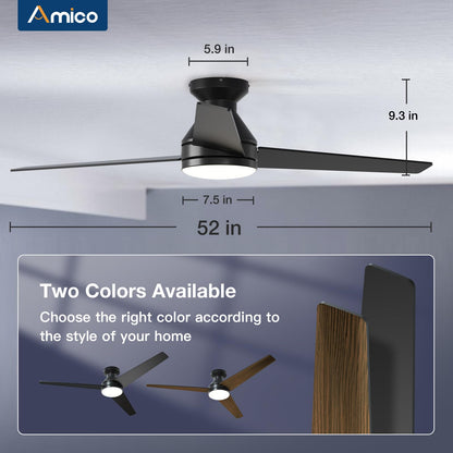 Amico Ceiling Fans with Lights, 42 inch Low Profile Ceiling Fan with Light and Remote Control, Flush Mount, Reversible, 3CCT, Dimmable, Noiseless, White Ceiling Fan for Bedroom, Indoor/Outdoor Use