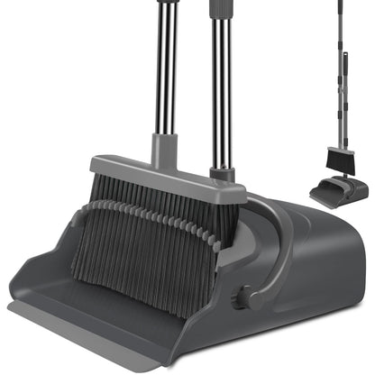 kelamayi Upgrade Broom and Dustpan Set, Self-Cleaning with Dustpan Teeth, Indoor&Outdoor Sweeping, Ideal for Dog Cat Pets Home Use, Stand Up Broom and Dustpan (Gray&Orange)