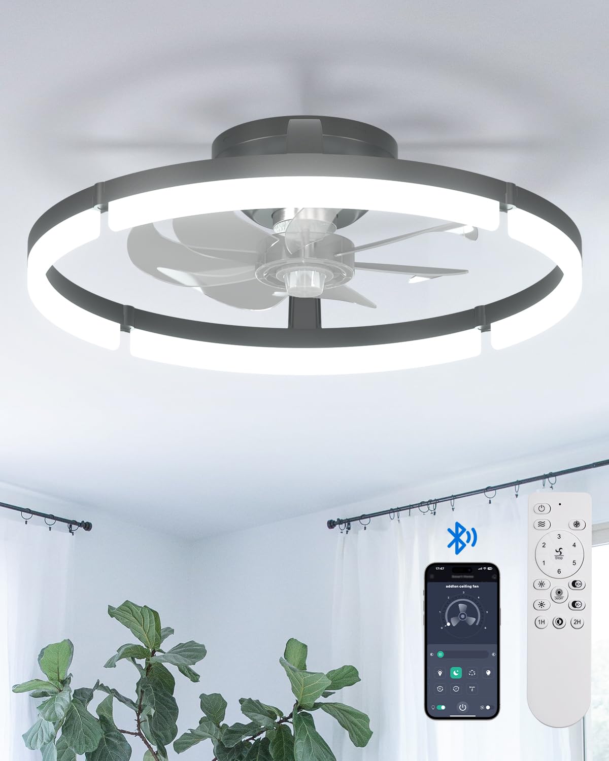 addlon Ceiling Fans with Lights and Remote, 20'' Low Profile Ceiling Fans, 3000-6000K Dimmable Modern Flush Mount LED Fan Light, Fandelier Ceiling Fan for Bedroom, Kitchen, Living Room, Black