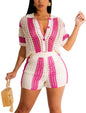 cu4eve Crochet Sets Two Piece Women Summer Causal Knit Short Sleeve Button Down Shirt and Shorts Matching Set Jumpsuit