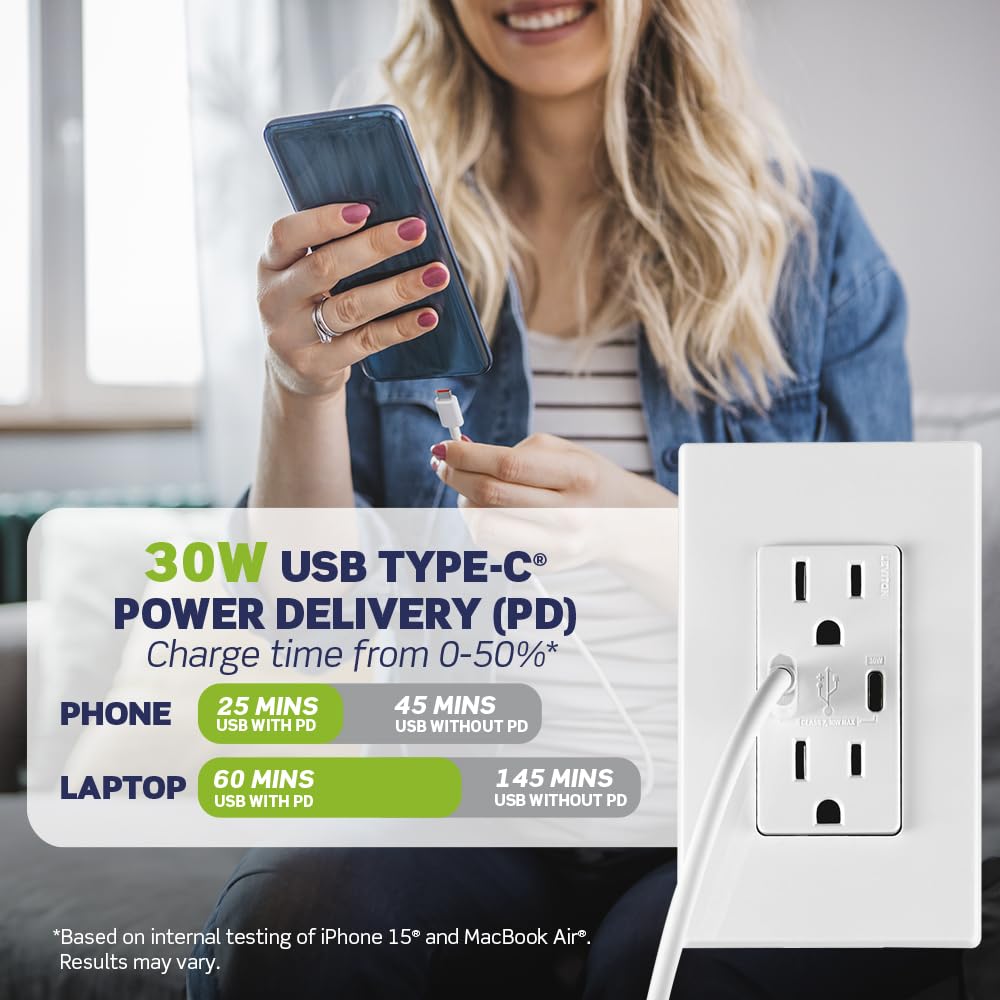 Leviton T5633-W Type A & Type-C USB In-Wall Charger with 15A Tamper-Resistant Outlet, USB Charger for Smartphones and Tablets, Not for Laptops, White