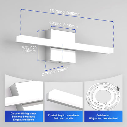 Combuh Modern Bathroom Light Fixtures Over Mirror 16 Inch IP44 9W Chrome Vanity Light Bar for Bathroom Wall Light Fixtures Cool White 6000K