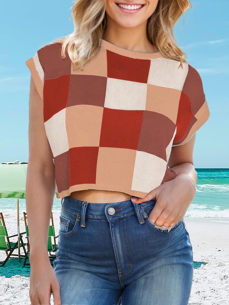 Womens Spring Crop Tops 2025 Cap Short Sleeve Sweater Vest Tank Loose Shirts Business Vacation Outfits Trendy Fall Summer Top
