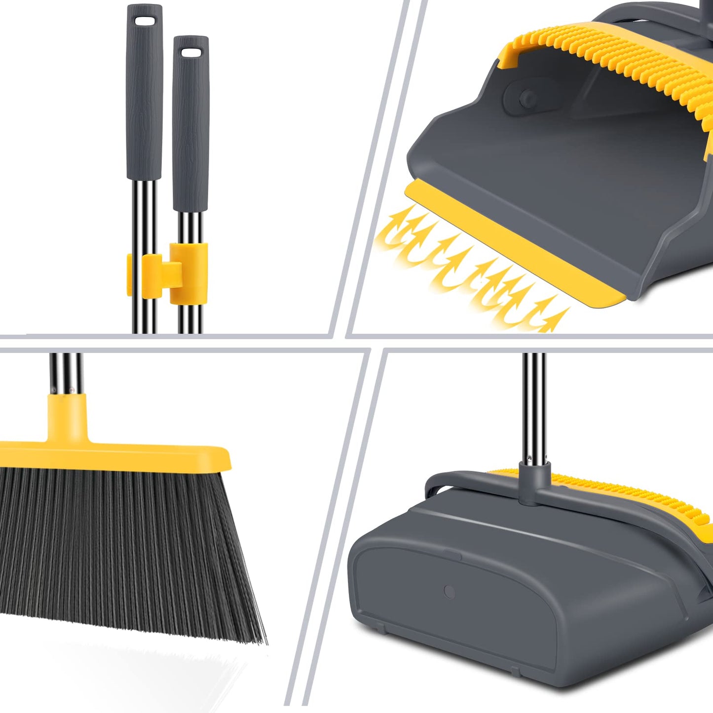 kelamayi Upgrade Broom and Dustpan Set, Self-Cleaning with Dustpan Teeth, Indoor&Outdoor Sweeping, Ideal for Dog Cat Pets Home Use, Stand Up Broom and Dustpan (Gray&Orange)