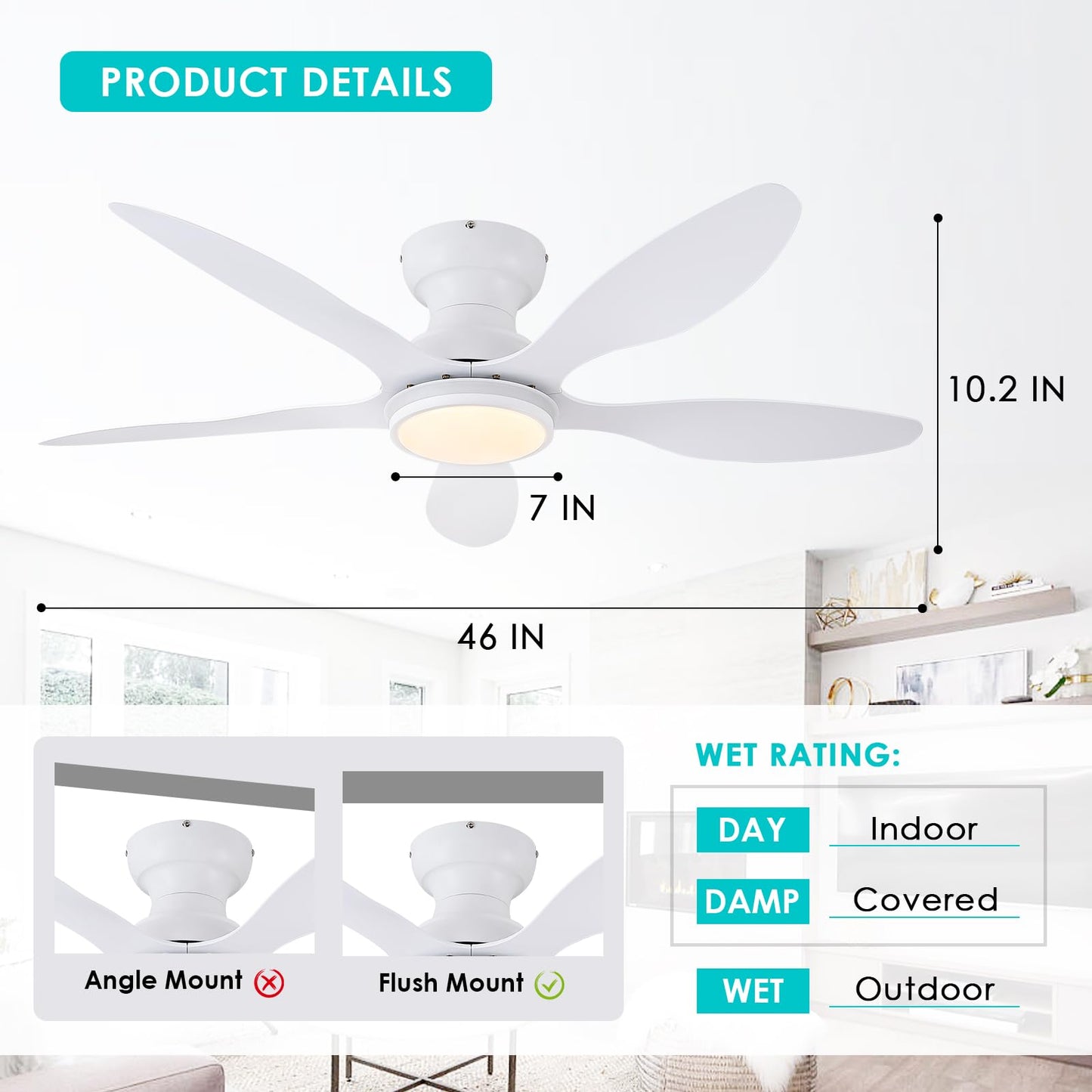 Ceiling Fans with Lights, 51 inch Modern Black Low Profile Ceiling Fan with Light and Remote App Control, Flush Mount, Quiet DC Reversible, Dim Led Ceiling Fan 6 Blade Softer Wind Indoor/Outdoor Patio