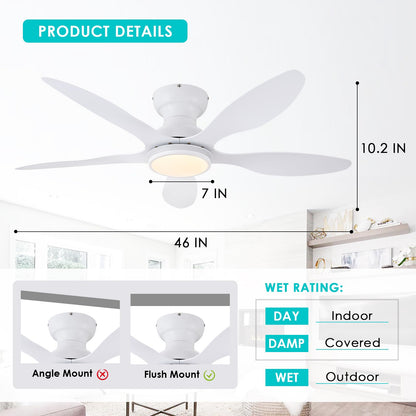 Ceiling Fans with Lights, 51 inch Modern Black Low Profile Ceiling Fan with Light and Remote App Control, Flush Mount, Quiet DC Reversible, Dim Led Ceiling Fan 6 Blade Softer Wind Indoor/Outdoor Patio