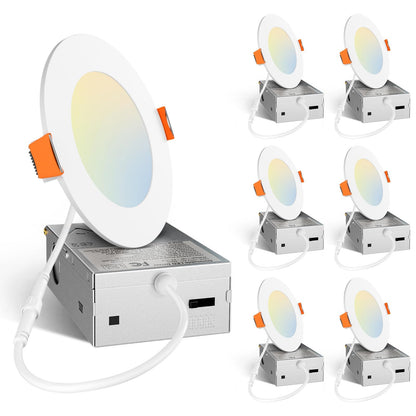 Amico 6 Pack 6 Inch 5CCT Ultra-Thin LED Recessed Ceiling Light with Junction Box, 2700K/3000K/3500K/4000K/5000K Selectable, 12W Eqv 110W 1050LM Brightness Dimmable Canless Wafer Downlight, ETL & FCC