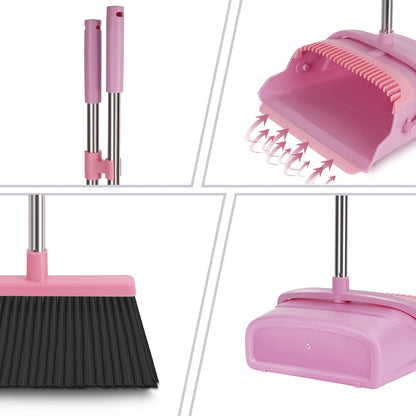 kelamayi Upgrade Broom and Dustpan Set, Self-Cleaning with Dustpan Teeth, Indoor&Outdoor Sweeping, Ideal for Dog Cat Pets Home Use, Stand Up Broom and Dustpan (Gray&Orange)