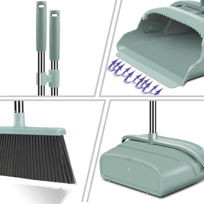 kelamayi Upgrade Broom and Dustpan Set, Self-Cleaning with Dustpan Teeth, Indoor&Outdoor Sweeping, Ideal for Dog Cat Pets Home Use, Stand Up Broom and Dustpan (Gray&Orange)