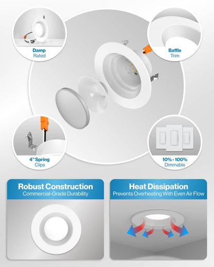 Sunco Recessed Lighting 6 Inch, Retrofit Can Lights, 965LM, 13W (75W Equivalent), Selectable CCT 2700K/3000K/3500K/4000K/5000K, Dimmable, Baffle Trim, Damp Rated UL 4 Pack