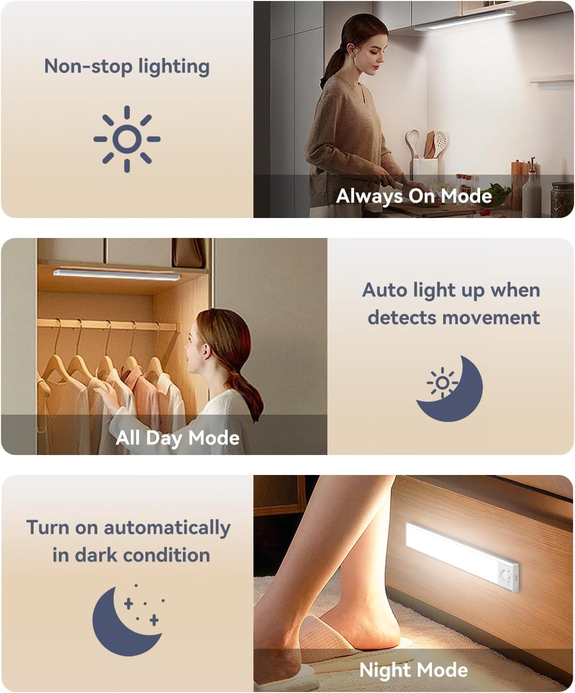 Under Cabinet Lighting, LED Motion Sensor Light Indoor, 2200mAh USB Rechargeable Closet Lights Battery Operated, Stick On Magnetic Wireless Dimmable Under Counter Lights for Kitchen, Stairs (2 Pack)