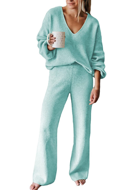 Viottiset Women's 2 Piece Outfits Casual V Neck Knit Wide Leg Sweater Lounge Set Sweatsuit