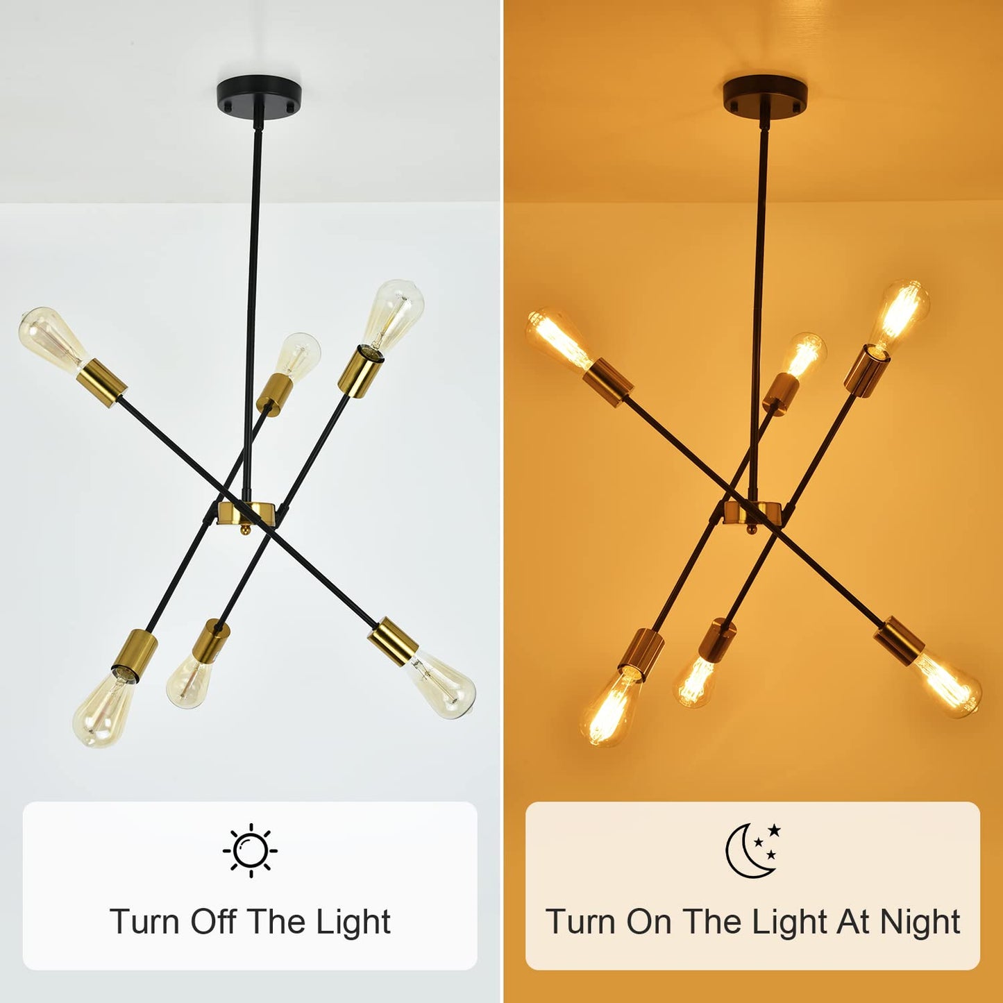 Black Sputnik Chandelier 6 Lights Modern Industrial Ceiling Light Mid Century Vintage Contemporary Pendant Dining Room Lighting Fixtures Hanging