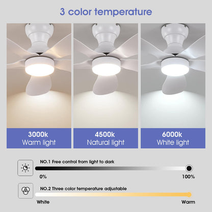 Ceiling Fans with Lights and Remote/APP Control, 30 inch Low Profile Ceiling Fans with 5 Reversible Blades 3 Colors Dimmable 6 Speeds Ceiling Fan for Bedroom Kids Room Dining Room, Black