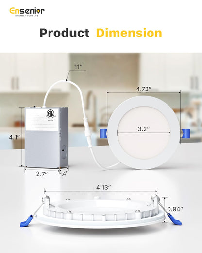 Ensenior 12 Pack 4 Inch LED Recessed Ceiling Light, Dimmable, 2700K-5000K 5CCT, 750LM 9W 120V, High Brightness Canless Wafer Downlight - ETL&FCC&IC