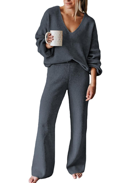 Viottiset Women's 2 Piece Outfits Casual V Neck Knit Wide Leg Sweater Lounge Set Sweatsuit