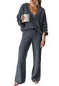 Viottiset Women's 2 Piece Outfits Casual V Neck Knit Wide Leg Sweater Lounge Set Sweatsuit