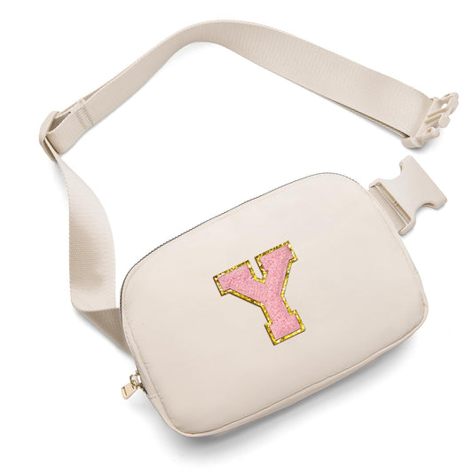 Gitus Belt Bag Fanny Pack Crossbody Bags with Initial Letter Patch Cute Stuff Birthday Gifts for Teenager Girls Cool Stuff for Teens Trendy Preppy Stuff for Teen Girls (Beige-A)