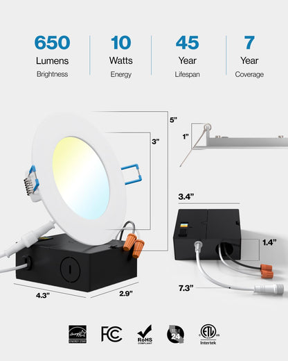 Sunco 24 Pack 6 Inch LED Recessed Light, Canless Ceiling Lights Slim with Junction Box, 850 LM, 14W (100W Equivalent), Selectable CCT 2700K/3000K/4000K/5000K/6000K, Dimmable, Wafer Thin ETL