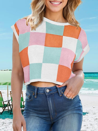 Womens Spring Crop Tops 2025 Cap Short Sleeve Sweater Vest Tank Loose Shirts Business Vacation Outfits Trendy Fall Summer Top