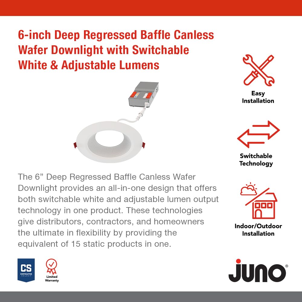 Juno WF6 Dreg SM ALO20 SWW5 90CRI CP6 MW M2 Canless Wafer Recessed LED Downlight, Deep Regressed Smooth Trim Style, 6-Inch, Matte White, 6-Pack