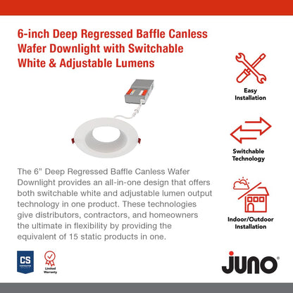 Juno WF6 Dreg SM ALO20 SWW5 90CRI CP6 MW M2 Canless Wafer Recessed LED Downlight, Deep Regressed Smooth Trim Style, 6-Inch, Matte White, 6-Pack
