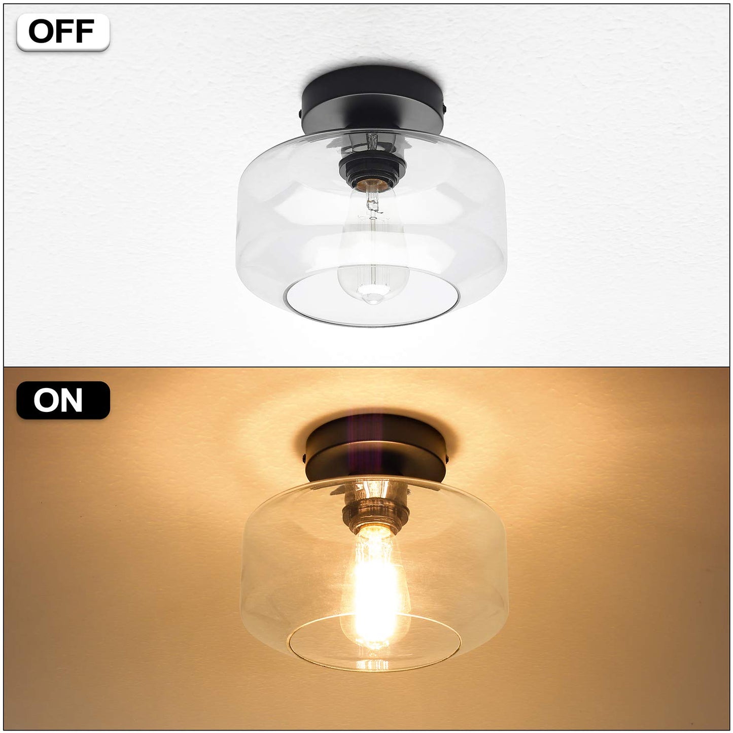 MAXvolador Industrial Semi Flush Mount Ceiling Light, Clear Glass Pendant Lamp Shade, Farmhouse Lighting for Hallway, Vintage Hanging Light Fixtures