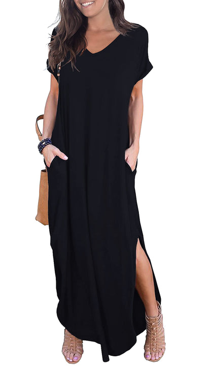 GRECERELLE Women's Casual Loose Pocket Long Dress Short Sleeve Split Maxi Dresses