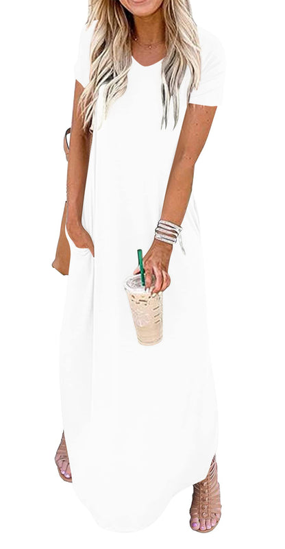 GRECERELLE Women's Casual Loose Pocket Long Dress Short Sleeve Split Maxi Dresses