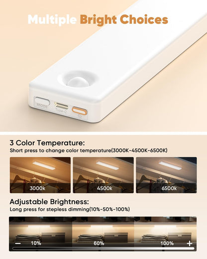 Under Cabinet Lighting, 2 Pack Motion Sensor Light Indoor, Rechargeable Closet Lights Battery Operated, LED Lights for Bedroom, Wireless Dimmable Cabinet Lights, Motion Sensor Step Night Light