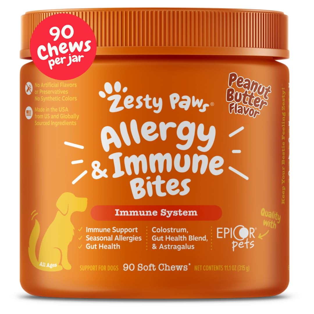 Suplemento inmune a las alergias para perros - Con Omega 3 Aceite de salmón salvaje de Alaska y EpiCor + Prebióticos y probióticos digestivos - Alergias estacionales + Anti picor y puntos calientes Apoyo a la piel - 90 masticables Golosinas